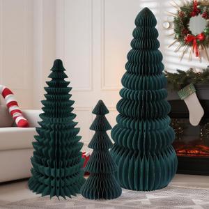 AmazingSpark 3 Pcs Large Honeycomb Christmas Tree - 4ft 3ft 2ft Paper Christmas Folding 3D Home Decoration Set with Magnetic Design for Winter Holiday Festive Party (Classic,Green)