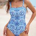 ZAFUL Women's Tummy Control Tankini Swimsuits Floral Print Two Piece High Waisted Bathing Suits Full Coverage Bikini Bottoms (Blue, L)