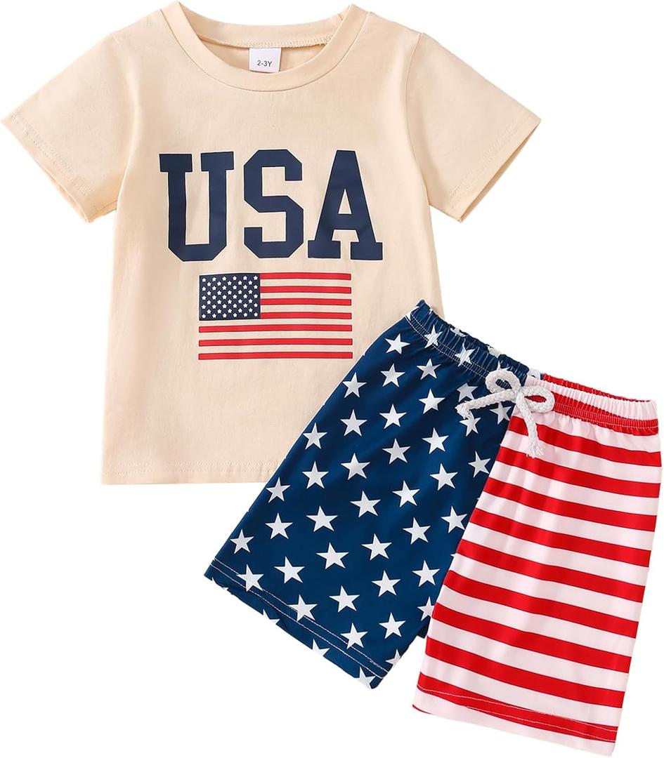 Tinypainter Toddler Boy 4th of July Outfit Short Sleeve T-shirt Top+American Flag Shorts Boy Independence Day Clothes(USA Beige, 7-8Y)