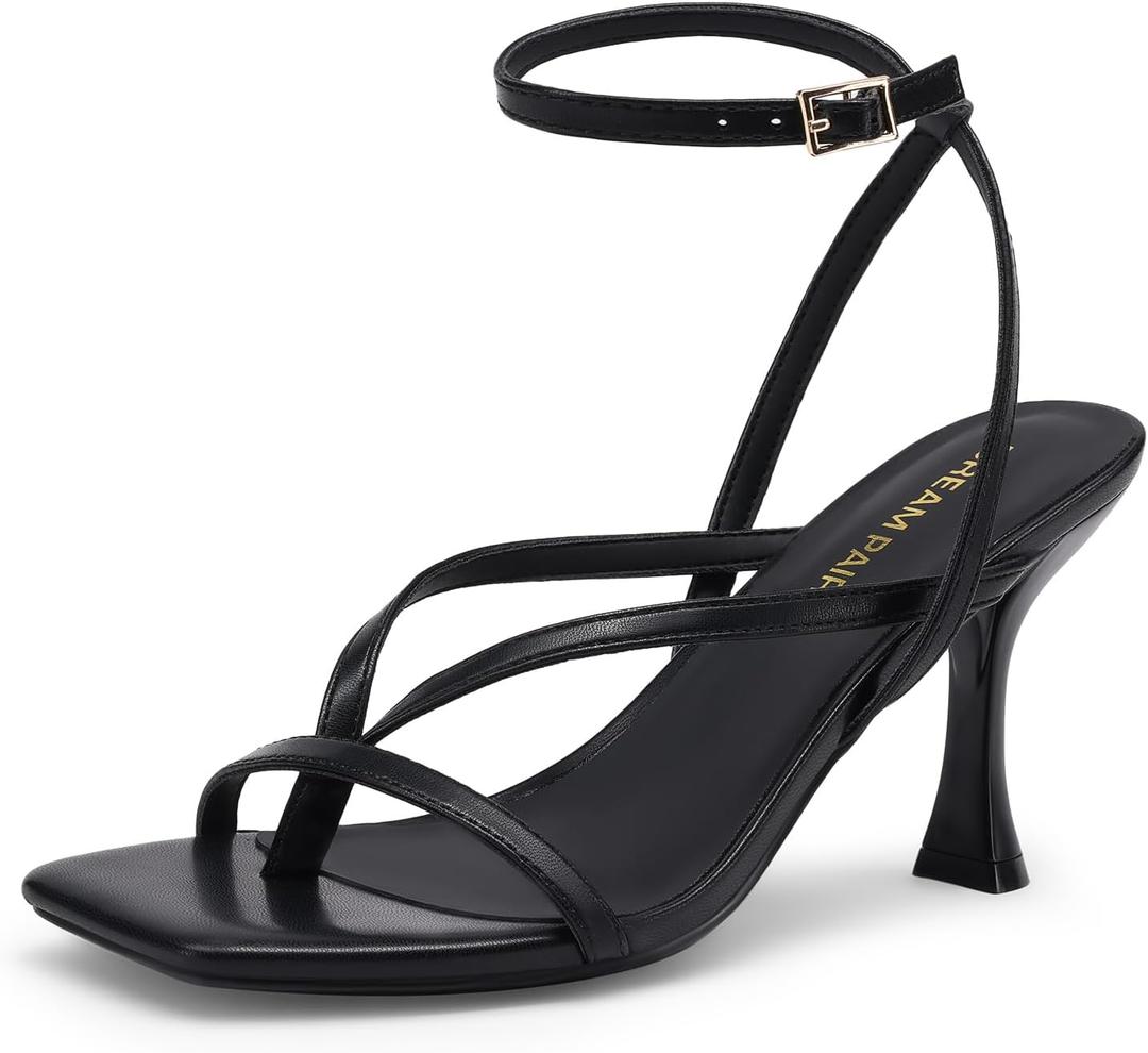 DREAM PAIRS Women's Low Kitten Heels Strappy Design with Lace Up Open Square Toe Thong Ankle Strap Shoes Fashionable Sexy Sylvestra Heeled Sandals for Dressy Occasions (10, Black)