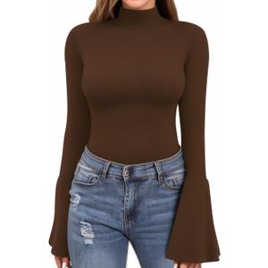MANGOPOP Long Sleeve Mock Neck Shirts for Women Bell Sleeve Turtle Neck Tops Basic Going Out Tee Blouse (Large, Coffee)
