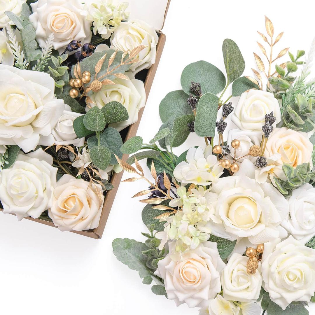 Ling's Moment White Flowers Artificial, Ivory & Cream Fake Flowers Eucalyptus Greenery Combo Box Set for DIY Wedding Bridal Bouquet, Centerpieces, Home Decor, Floral Arrangement Decor, etc. (Grand)