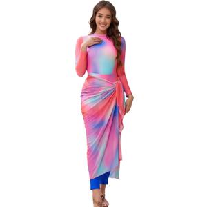 IDOPIP Muslim Burkini Swimsuit for Women's One Piece Swimsuit with Beach Skirt+Cover up Sarong+Pants 4PCS Bathing Suit (Medium, Pink + Purple)