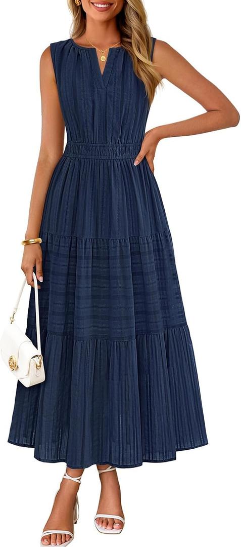 MEROKEETY Womens Summer Casual Midi Maxi Dress 2026 Beach Vacation Sleeveless Boho V Neck Cotton Modest Long Dresses Pockets