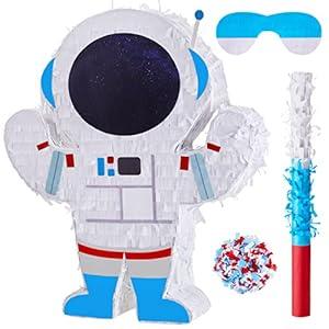 Meooeck Astronaut Pinata 14.5 x 12.2 x 2.95 Inch Outer Space Party Decorations Space Themed Party Supplies with Plastic Stick Paper Blindfold Confetti for Birthday Kids Boys Girls Decoration
