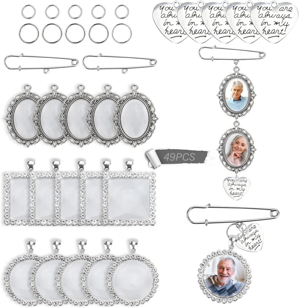 49PCS Wedding Bouquet DIY Photo Charm Oval Round Square Silver Pin Brooch Making Kit with Clear Glass Cabochons Heart Pendant Jump Rings for Craft Jewelry Making (34PCS Set)
