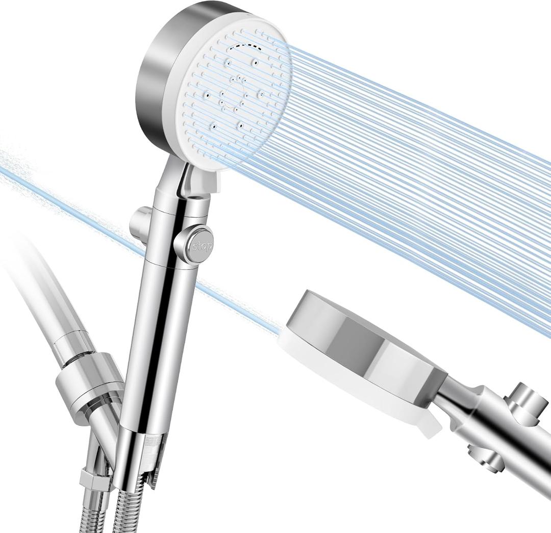 High Pressure 8-Mode Handheld Shower Head w/Adjustable Bracket, 55" Stainless Hose & ON/OFF Switch for Outdoor, Home, Pet & Car Wash