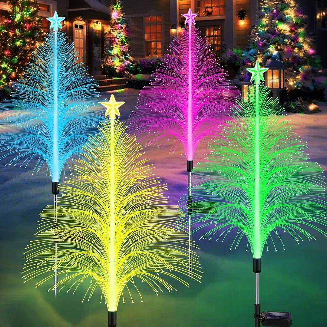 Solar Christmas Decorations, 4 Pack 38.5 Inch 7 Color Changing Jellyfish Lights with 5 Layer Optical Fiber Solar Flower Lights for Outdoor Xmas Yard Garden Pathway Decor