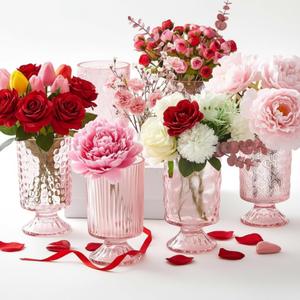 5 Pcs (H:7" W:4") Embossed Flower Vase Pedestal Glass Vase Big Base Thickened Crystal Vintage Vases for Valentines Day Wedding Home Decor Table Centerpiece House Warming Gifts(Pink)