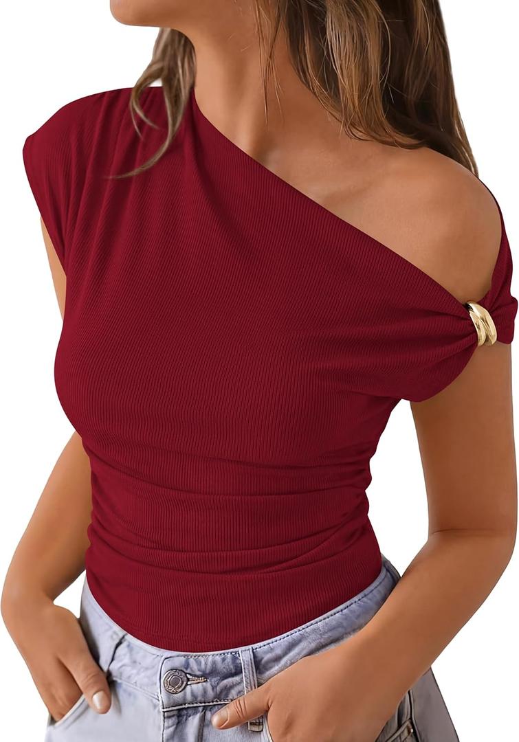PRETTYGARDEN Womens Summer Off The Shoulder Crop Tops Ribbed Going Out Fitting T Shirts Trendy Spring Y2k Clothes 2026
