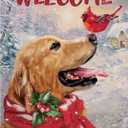 Selmad Welcome Winter Golden Retriever Dog Decorative Burlap Garden Flag, Puppy Cardinal Pet Home Yard Small Outdoor Decor, Christmas Snowy Outside Decoration Double Sided 12 x 18
