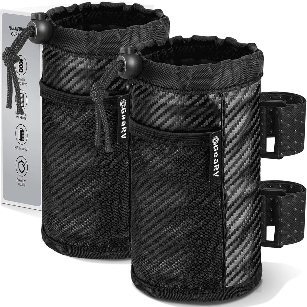 GEARV 2Pack Cup Holder for Bike, Scooter and Wheelchair, Water Bottle Holder for UTV/ATV, Walker, Golf Cart and Beach, Universal Drink Holder Accessories with Net Pocket and Cord Lock (Carbon Fiber)
