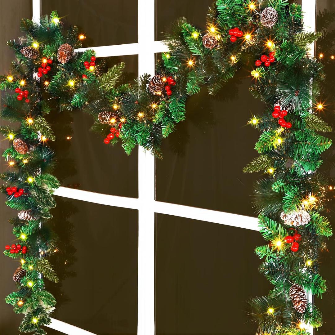 9 Foot Christmas Lighted Garland, Battery Operated Christmas Garland with Lights, Pre Lit Garland Wreath with Pine Cones for Indoor Home Winter Holiday New Year Xmas Decorations