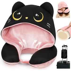 Mewaii Travel Neck Pillow with Hood for Airplanes,Memory Foam,Breathable Ice Silk & Soft Velvet,Double-Sided,Removable to Clean,Adjustable Strap,Portable Travel Pillow for Long Flights Adults & Teens