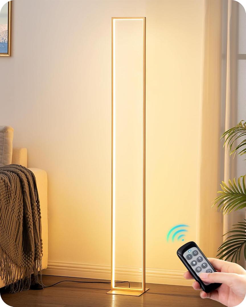 EDISHINE LED Floor Lamp, 55" Modern Minimalist Square Corner Light 3000K-6000K Dimmable, Remote Control & Foot Switch, Metal Base Standing Lamps for Living Room, Bedroom, Office, Gold