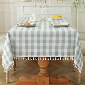 Laolitou Spring Checkered Tablecloth Rectangle Washable Buffalo Plaid Table Cloth with Tassel Cotton Linen Gingham Table Cover for Picnic Kitchen Dining Room, Blue, 102 Inch