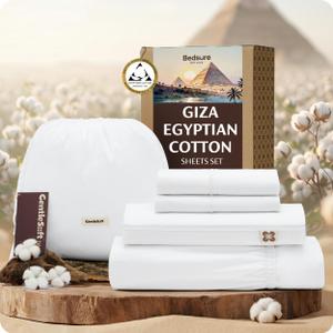 Bedsure 100% Giza Egyptian Cotton Sheets Queen Size - Luxury Hotel Sheets Deep Pocket with 4 Corner Straps, PureWoven Soft & Beathable Sateen Weave Bedsheets(Ivory,Queen)