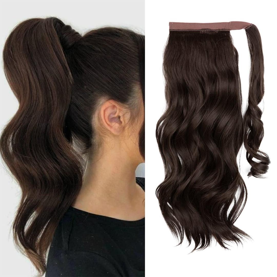 CJL HAIR 18" Long Ponytail Hair Extension Wrap Around Pony Tail Clip in Curly Wavy Synthetic Fake Hairpiece for Women Dark Brown (18 Inch (Pack of 1), Darker Brown)