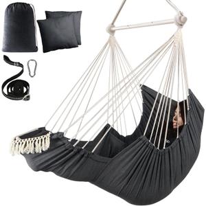 Chihee Hammock Chair Hanging Chair with Foot Rest 2 Cushions Max 500lbs Robust Metal Spreader Bar Collapsible Easy Storage Soft Cotton Swing Chair Strong Strap Iron Carabiner Side Pocket Included (Dark Grey)