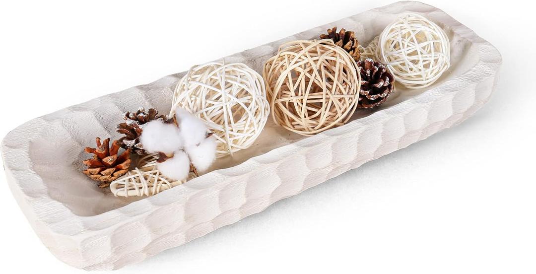 Decorative Bowl for Home Decor, Long Dough Bowl with Hand Carved Irregular Texture, Unique Table Centerpieces, Wooden Home Decor Accents for Farmhouse Boho Rustic Style(16.1"x 5.5" Washed White)