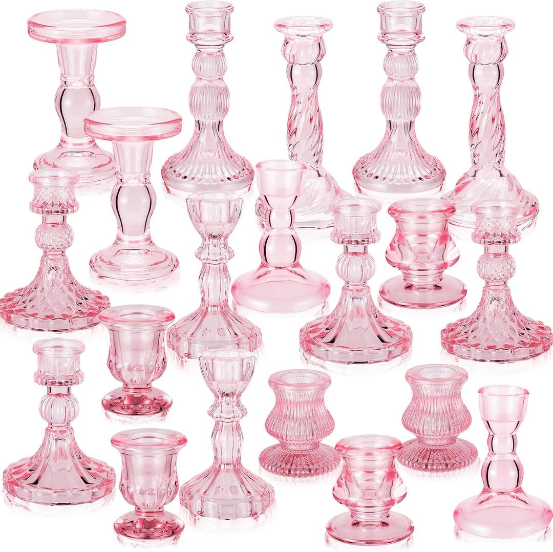Mumufy 20 Pcs Glass Crystal Taper Candle Holders Clear Glass Candlestick Holder Fit 0.8 Inch Candles Crystal Decorative Candle Stand Centerpiece Table Wedding Dining Party(Pink)