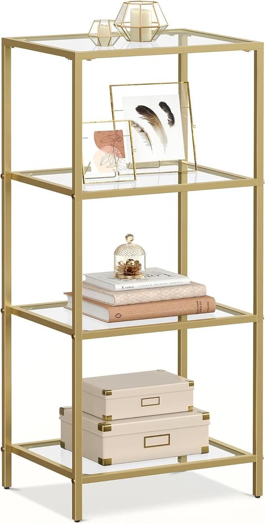 VASAGLE Bookcase, 4-Tier Bookshelf, Slim Shelving Unit for Bedroom, Bathroom, Home Office, Tempered Glass, Steel Frame, Metallic Gold ULGT28G (4 Tiers (15.7"W x 37.4"H))