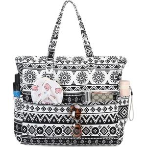 LEDAOU Large Beach Tote Bag Women Waterproof Sandproof Zipper Beach Tote Bag for Pool Gym Grocery Travel with Wet Pocket (Boho)