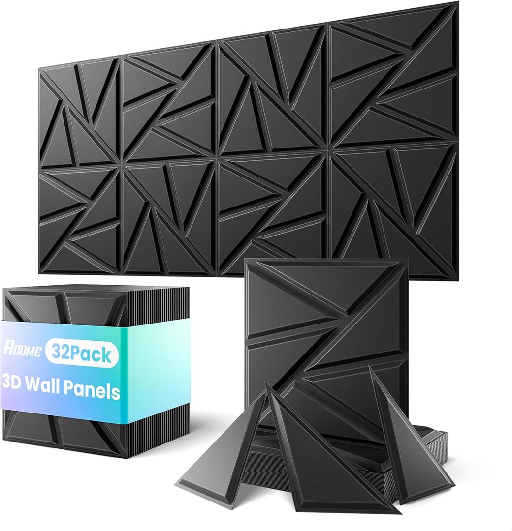 ROOME 12"x12" 3D Wall Panels, 32-Pack, Black, PVC, Peel & Stick, Geometric, Modern, Water-Resistant (32 Pack (31 Sq.Ft.))