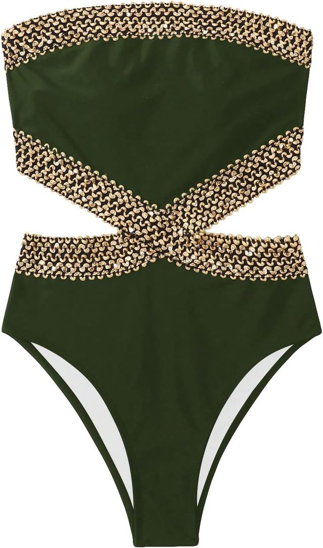 Milumia Women's Stitch Detail Strapless One Piece Swimsuit Cut Out Bandeau Bathing Suit (Large, Solid Army Green)