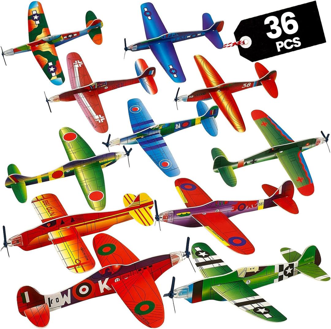 Bedwina Glider Planes Bulk (36-Pack) 8-Inch Bomber Airplane Gliders for Kids, Foam Paper Airplane Construction Kits for Kids Party Favors, Birthdays, Goodie Bag Stuffers and Outdoor Flying Toy