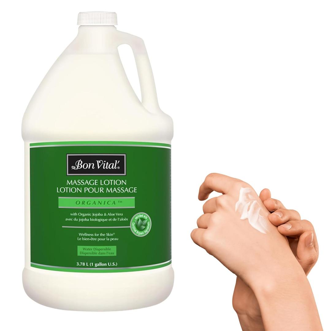 Bon Vital', Organica Massage Lotion, 1 Gallon, Lightweight Massage Lotion for Massage Therapy and Bodywork, Certified Organic Ingredients, Unscented, Professional Spa Use
