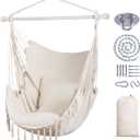 SUNCREAT Hammock Chair Hanging Rope Swing Seat-Max 450lbs Capacity, Extra Large Macrame Hanging Swing with Side Pocket, Two Seat Cushion, Beige