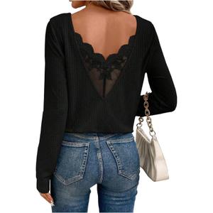 SOLY HUX Women's Long Sleeve T Shirts Lace Back Scoop Neck Tee Knitted Tops Fall Clothes (Black, S)