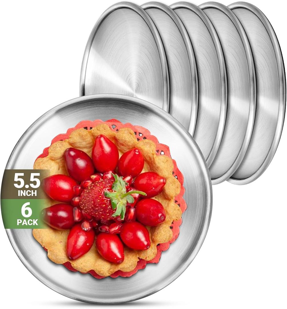 Stainless Steel Plates, 6 Pack 5.5 inch 304(18/8) Metal Food Serving Plate Set, Reusable Snack Eating Dishes Round Shatterproof Plate Silver Dinnerware for BBQ Dinner Oven Dishwasher Safe