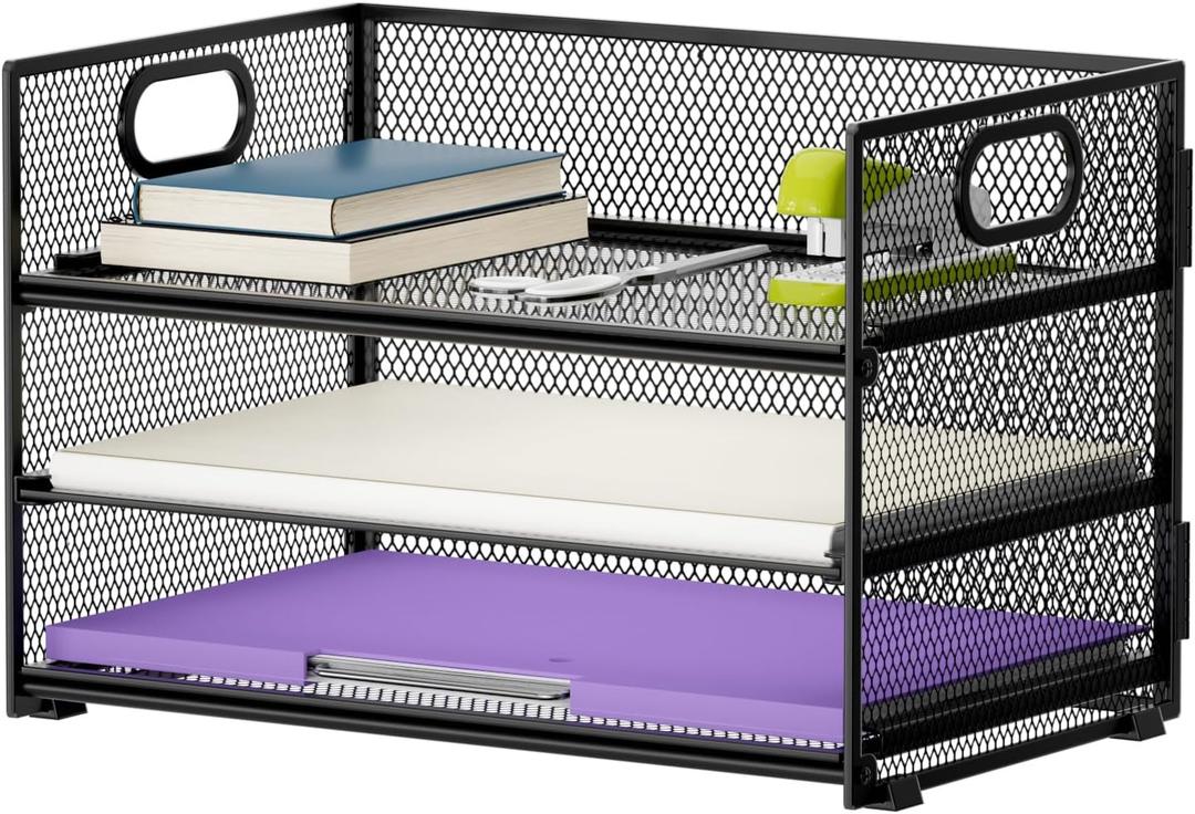 Marbrasse 3 Tier Paper Organizer Letter Tray, Mesh File Organizer with Handle, Paper Sorter Desk Organizer for Home Office Supplies (Black)