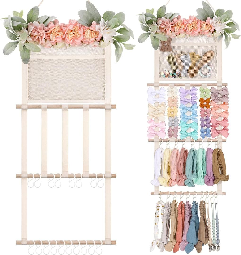 POVETIRE Headband Holder Hair Bows Organizer for Girls, Hair Accessories Display Storage Wall Hanging Decor for Baby Nursery Toddler Girls Room (Flower mesh hook)