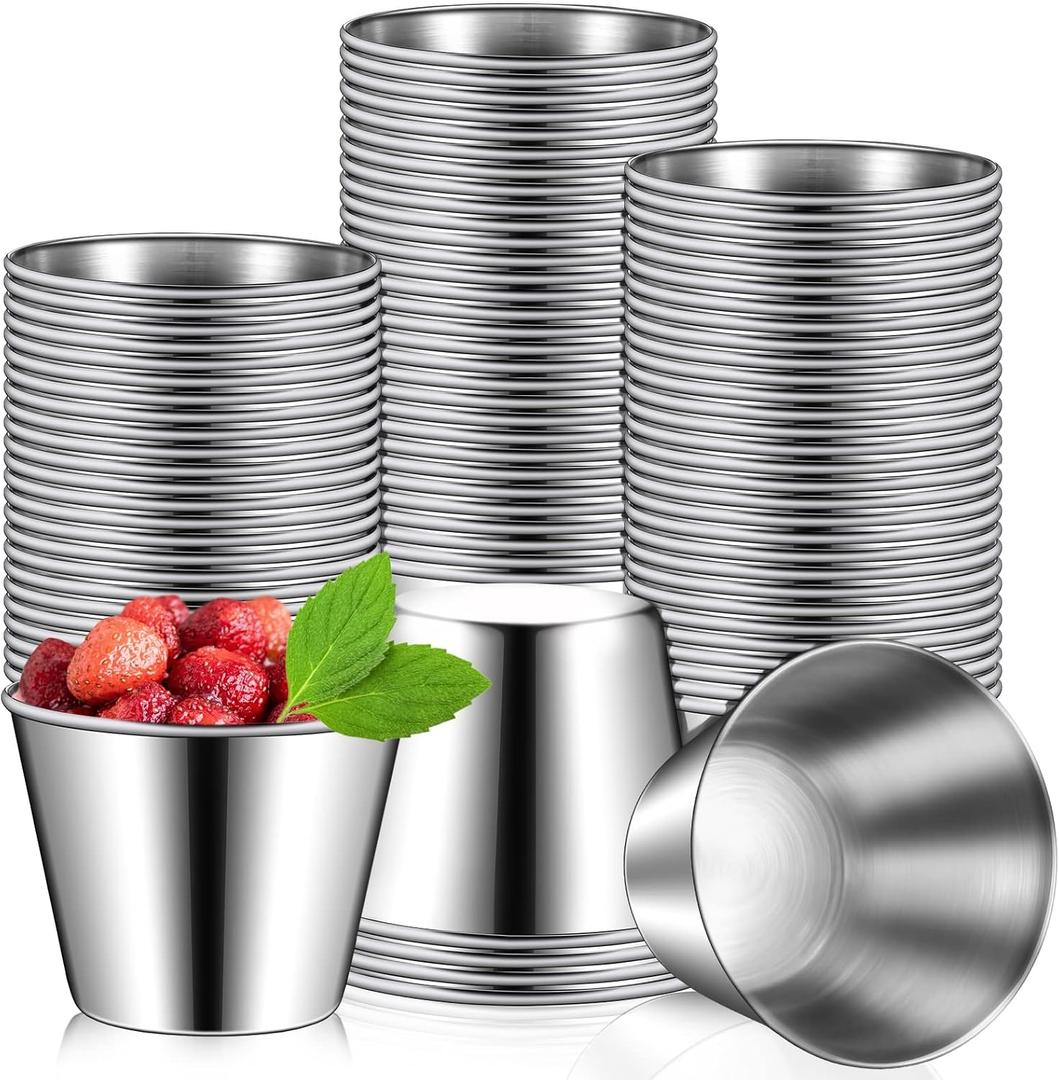 100 Pcs 1.5oz Stainless Steel Sauce Cups Dipping Cups Mental Condiment Sauce Container Round Dipping Bowls Condiment Ramekins for Dish Butter Kitchen Restaurant Serving Party Dinner Cooking