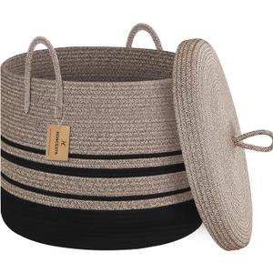 Extra Large Woven Basket with Lid, 18" X 14" Wicker Blanket Storage Basket Living Room, Tall Rope Storage Baskets for Toys, Decorative Kids Toy Bin Box with Cover, Baby Laundry Basket Hamper (Jute/Black)