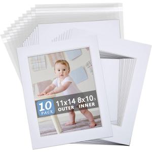 Somime 10 Pack White Photo Board 11x14 Mat for 8.5x11 Photo Mat, White Core Bevel Cut 11x14 Matted Picture Frame Mat Kit Includes 10 Pre Cut Frame Mats & 10 Acid Free Backers & 10 Clear Seal Bags