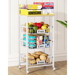4-Tier Small Kitchen Storage Cart on Wheels with Pull-Out Drawers, Rolling Pantry and Snack Organizer Cart with Wood Top, Kitchen Floor Fruit Basket Stand for Fruit Potato Onion Veggie Snack (White)