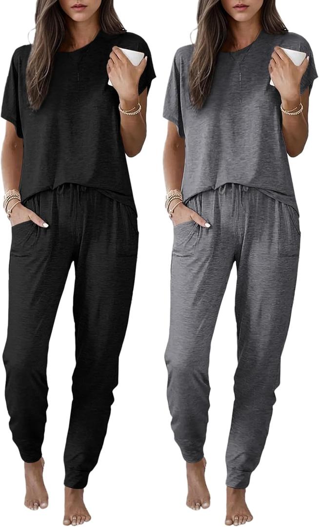 Ekouaer 2 pack Pajama Sets for Womens Jogger Pants Pjs Short Sleeves Lounge Set Soft Sleepwear with Pockets (Black, M)
