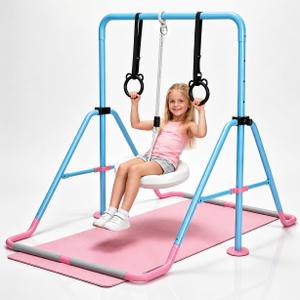 Gymnastics Bar for Kids Ages 3+, Foldable Gymnastic Kip Bar with Mat, Swing & Rings, 5 Adjustable Heights 35-51 in, Stable A-Frame Horizontal Bar, 51*43*17