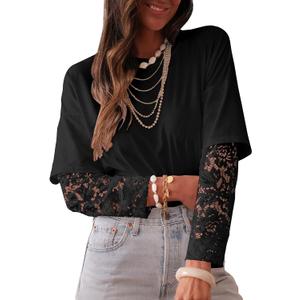 LOLONG T Shirts for Women Fall 2025 Long Sleeve Lace Patchwork Crew Neck Tops Casual Tees (Large, Black)