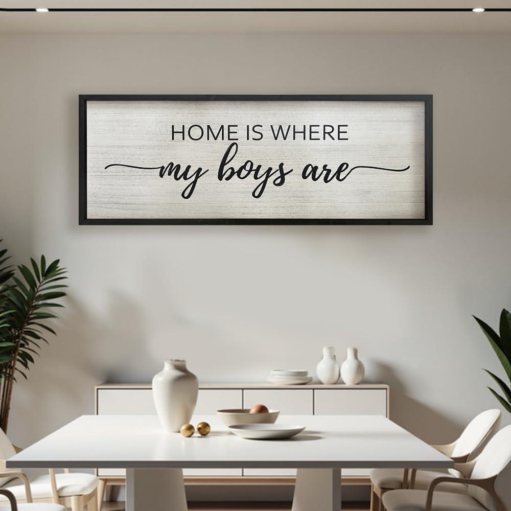 WYDM Home Is Where My Boys Are Wood Plaque Sign - 40 x15 Inch Rustic Wall Art for Living Room, Bedroom, Farmhouse Wall Decoration, Ready to Hang Family Decor (Black)