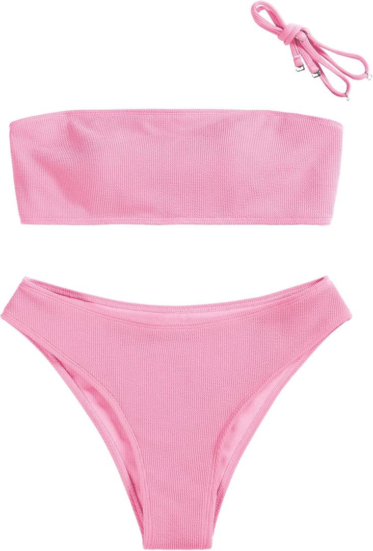 ZAFUL Women Strapless High Cut Bandeau Bikini Lace Up 2 Pieces Swimwear (Large, 0-pink) ZAFUL Women Strapless High Cut Bandeau Bikini Lace Up 2 Pieces Swimwear (Large, 0-pink)