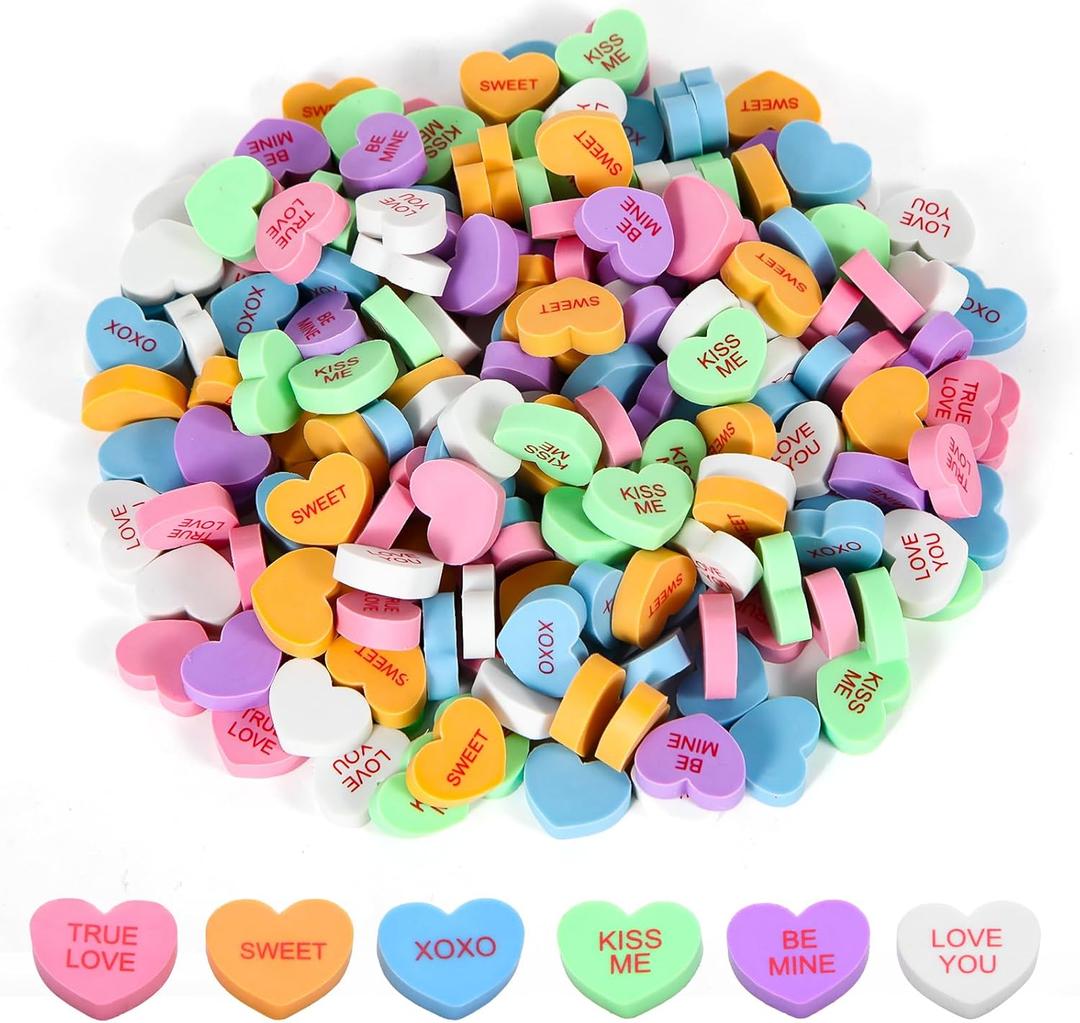 200 Pieces Valentines Day Erasers Conversation Heart Mini Erasers Cute Pencil Erasers for Classroom,Valentines Day Party,Holiday Gift,School Rewards Prizes Party