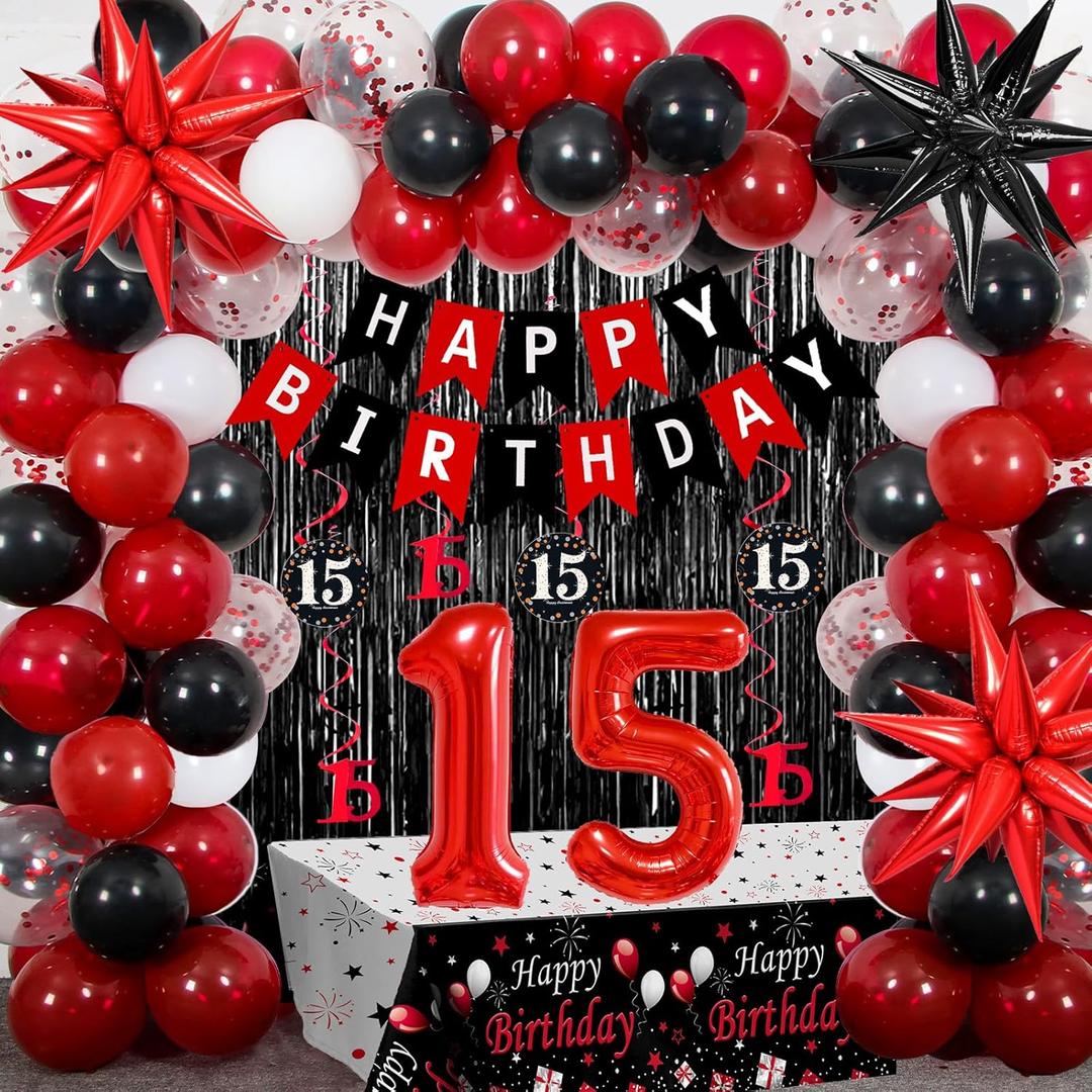 15th Birthday Decorations for Boys & Girls, 84 PCS Red Black 15th Party Decorations, Birthday Party Supplies with Banner, Fringe Backdrop, Foil Star Balloons, Hanging Swirls, Tablecloth Garland Arch