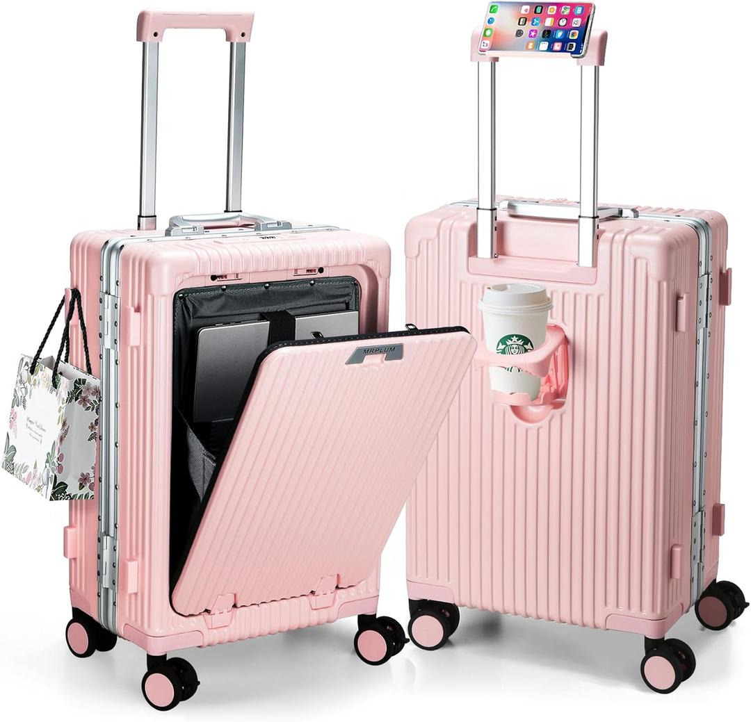 MRPLUM Front Pocket Carry On Luggage,PC Hardside Spinner Wheel Suitcase with TSA Lock,Cup Holder,Phone Holder&USB Charging Port,Pink(1 Piece)