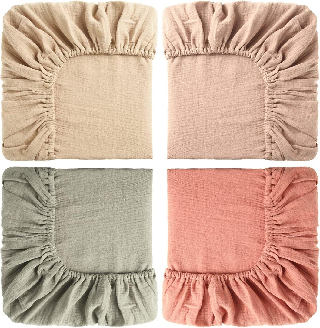 Gerrii 4 Pcs Muslin Mini Crib Sheets 24 x 38 Inch Baby Crib Sheets Fitted Cozy Cotton Pack Breathable for Boys and Girls Toddler Bed Mattress(24 x 38 Inch,Natural Series Color)