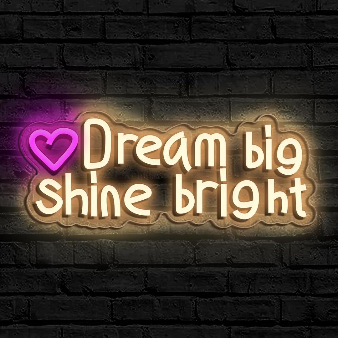 Dream big Shine bright neon sign, suitable for classroom wall decoration, back-to-school season, graduation season, student gifts. Dimmable, USB powered, pink heart-shaped inspirational neon light.